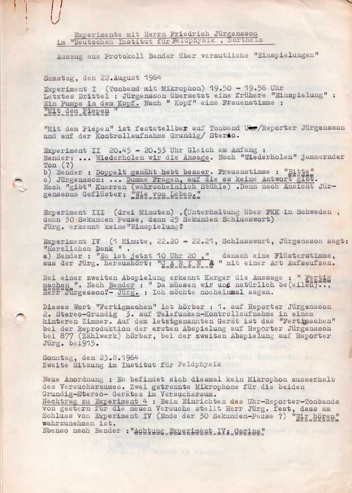 Protokoll einer Einspielung mit Friedrich Jürgenson vom 22./23.8.1964