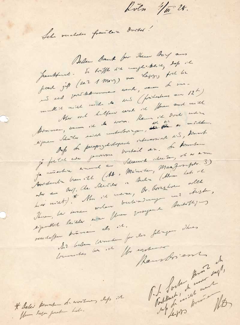 Brief von Hans Driesch an Gerda Walther