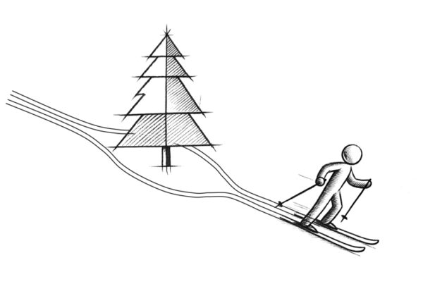 Skifahrer und Tanne